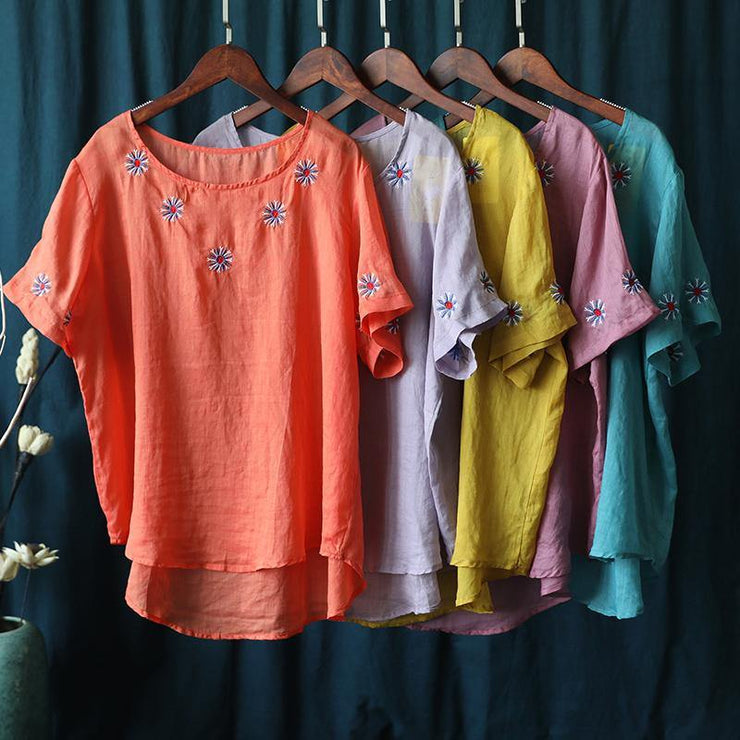 diy o neck clothes For Women blue embroidery short blouse - SooLinen