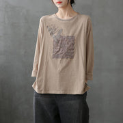 diy o neck patchwork shirts Tunic Tops khaki blouse - SooLinen