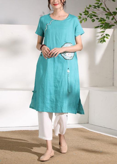 diy o neck tassel linen Robes Catwalk green embroidery Dresses - SooLinen