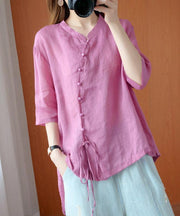 diy pink clothes For Women stand collar asymmetric blouse - SooLinen
