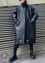diy stand collar Plus Size PU clothes For Women black thick loose coats - SooLinen