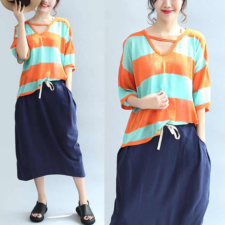 fall 2025 blue orange patchwork cotton blouse plus size v neck t shirt