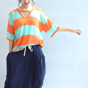 fall 2025 blue orange patchwork cotton blouse plus size v neck t shirt