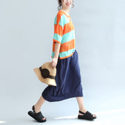 fall 2025 blue orange patchwork cotton blouse plus size v neck t shirt