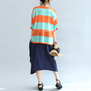 fall 2025 blue orange patchwork cotton blouse plus size v neck t shirt