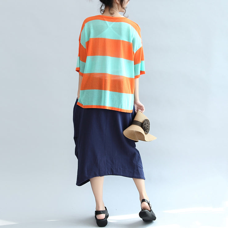 fall 2025 blue orange patchwork cotton blouse plus size v neck t shirt
