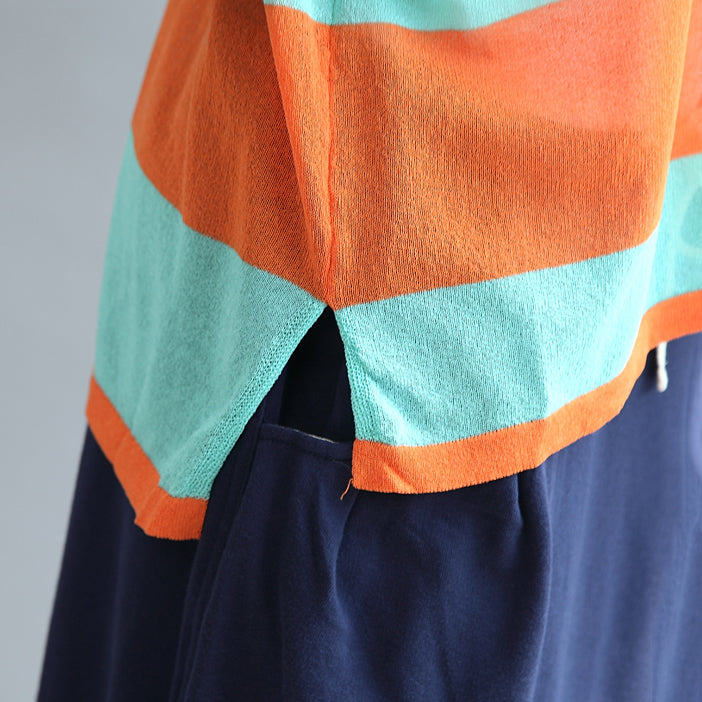 fall 2025 blue orange patchwork cotton blouse plus size v neck t shirt