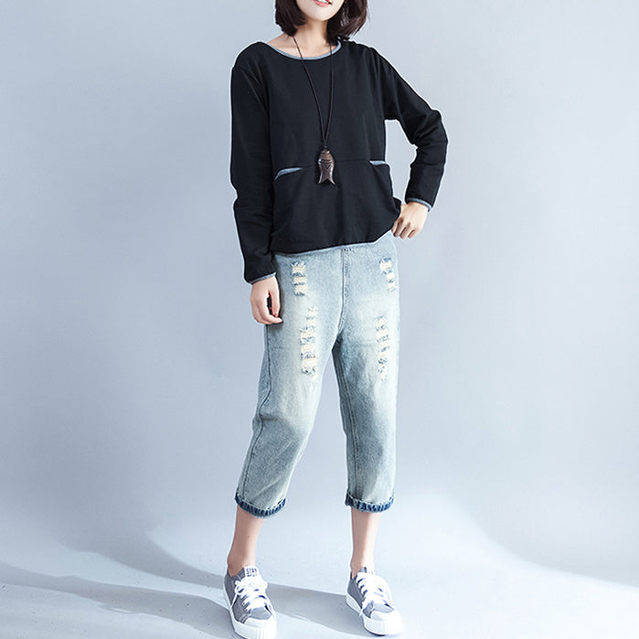 fall 2025 warm cotton chunky tops black casual o neck pullover