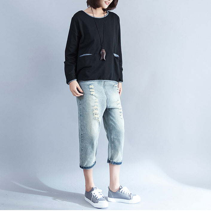 fall 2025 warm cotton chunky tops black casual o neck pullover