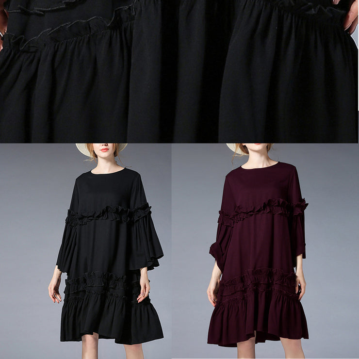 fashion black Midi-length linen dress plus size clothing linen maxi dress Elegant flare sleeve ruffles midi dress