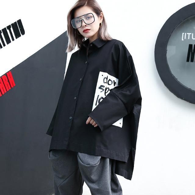 fashion black cotton blended blouse Loose fitting Turn-down Collar asymmetric casual cardigan 2018 Batwing Sleeve baggy cotton blended tops
