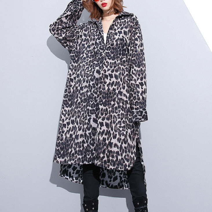 Mode schwarzer Leopard plus Größenmantel Umlegekragen Baggy Coat