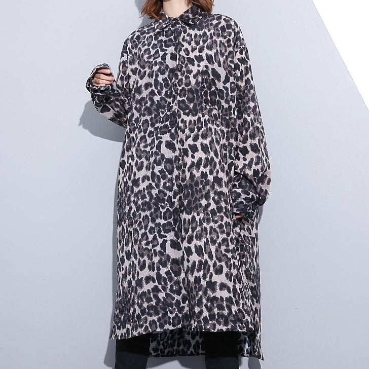 Mode schwarzer Leopard plus Größenmantel Umlegekragen Baggy Coat