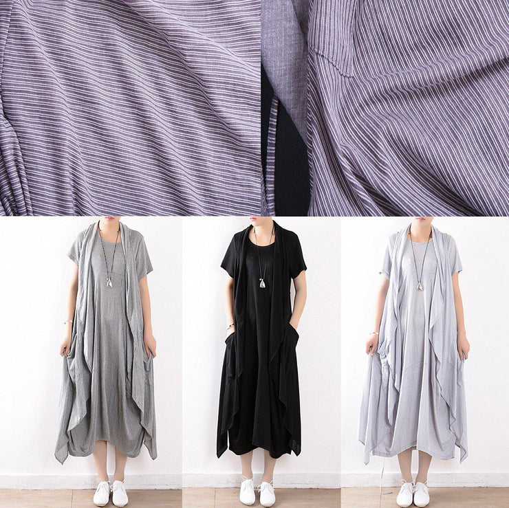 fashion black linen cotton short sleeve dresses and sleeveless coat two pieces - SooLinen