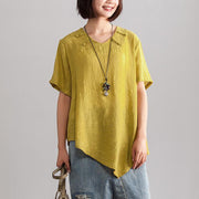 fashion linen blended blouse oversize Irregular Hem Women Summer Short Sleeve Casual Loose Yellow Blouse