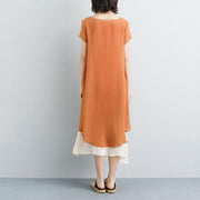 fashion linen sundress plus size False Two-piece Short Sleeve Orange Plain Dress