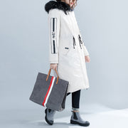 fashion white Parka Loose fitting hooded fur collar Letter quilted coat Casual tie waist pockets cotton coats