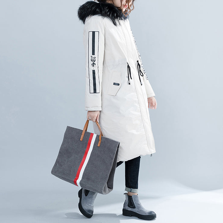 fashion white Parka Loose fitting hooded fur collar Letter quilted coat Casual tie waist pockets cotton coats