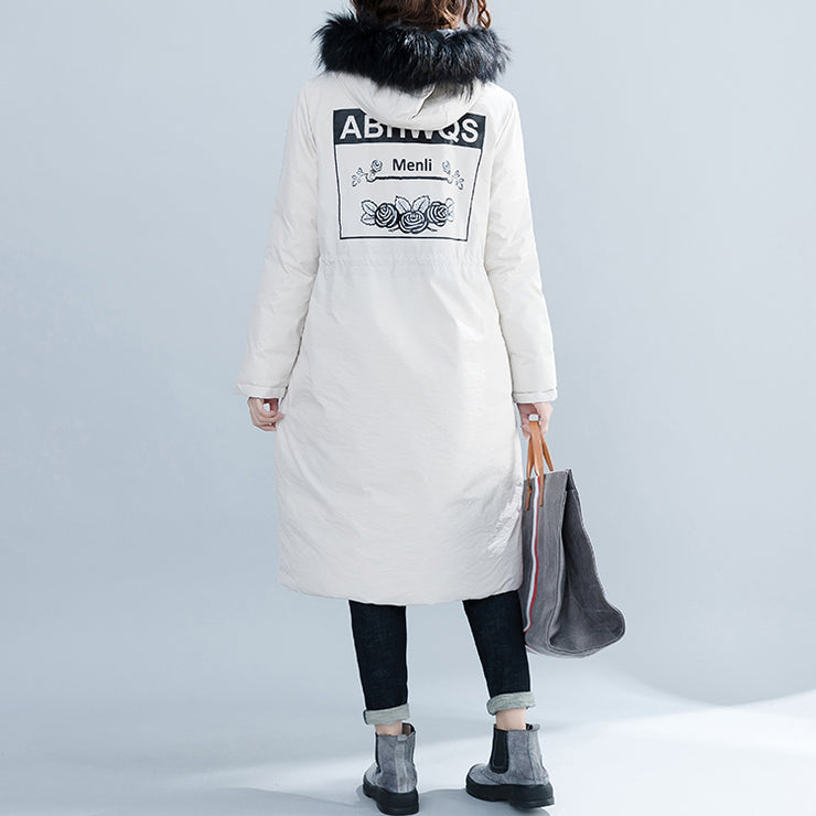 fashion white Parka Loose fitting hooded fur collar Letter quilted coat Casual tie waist pockets cotton coats