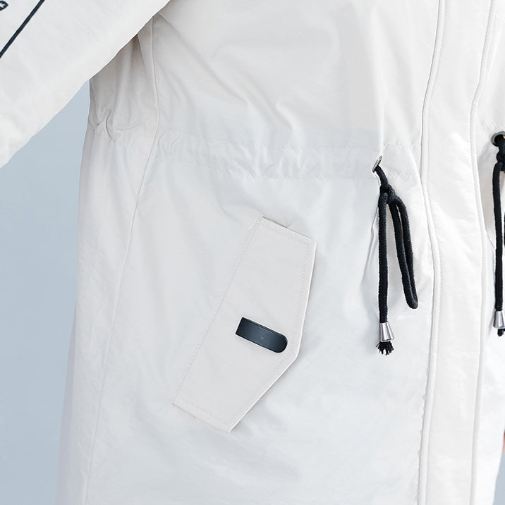 fashion white Parka Loose fitting hooded fur collar Letter quilted coat Casual tie waist pockets cotton coats