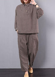 khaki plaid vintage cotton linen two pieces long sleeve shirt with women casual pants - SooLinen