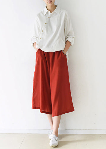 new red cotton wide leg pants plus size elastic waist pants