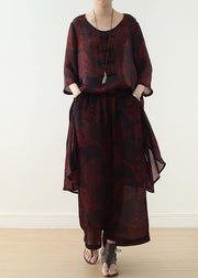 new women chiffon two pieces red prints o neck vintage tops and wide leg pants - SooLinen