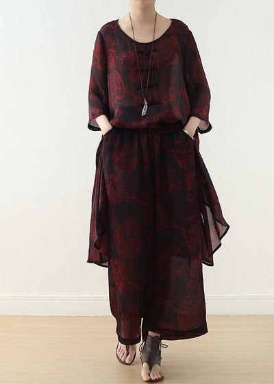 new women chiffon two pieces red prints o neck vintage tops and wide leg pants - SooLinen