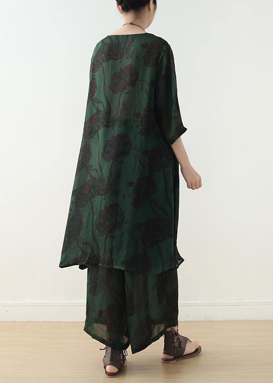 new women chiffon two pieces red prints o neck vintage tops and wide leg pants - SooLinen
