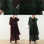 new women chiffon two pieces red prints o neck vintage tops and wide leg pants - SooLinen