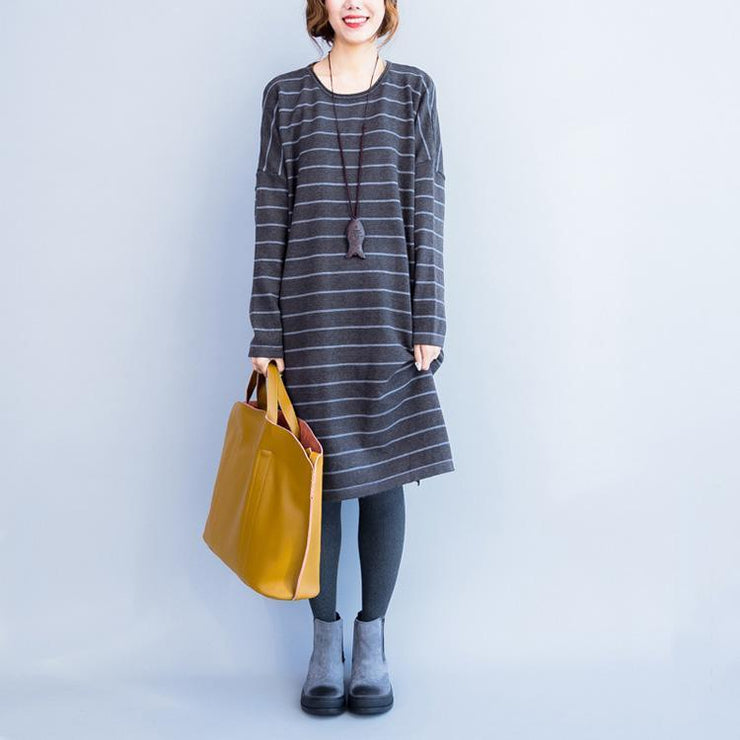 oversize gray striped knit dresses plus size women long sleeve sweater dress side open