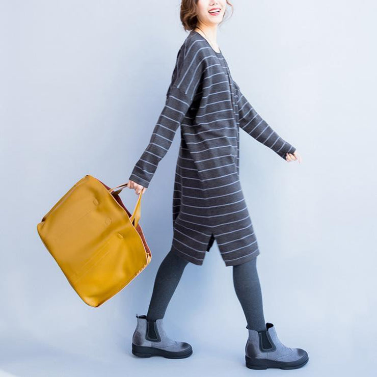oversize gray striped knit dresses plus size women long sleeve sweater dress side open
