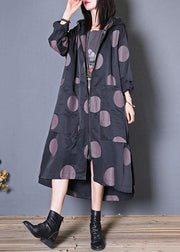 plus size fall coat black dotted hooded pockets Coat Women - SooLinen