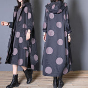 plus size fall coat black dotted hooded pockets Coat Women - SooLinen