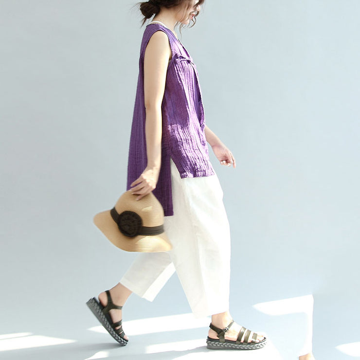 print casual linen tops vintage loose blouse Chinese Button sleeveless t shirt