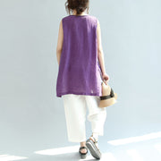print casual linen tops vintage loose blouse Chinese Button sleeveless t shirt