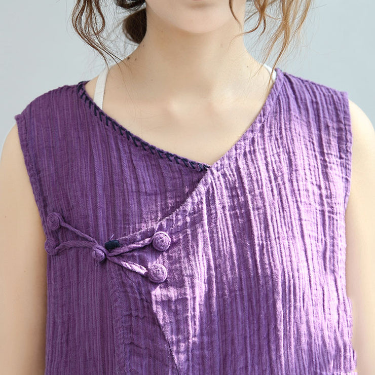 print casual linen tops vintage loose blouse Chinese Button sleeveless t shirt