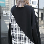 stylish black Plaid patchwork cotton blended dresses O neck caftans women side open baggy dresses