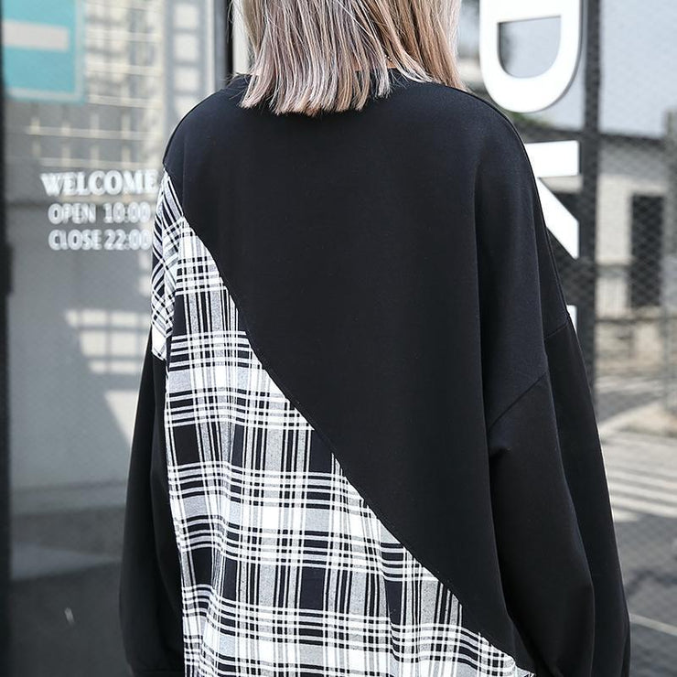stylish black Plaid patchwork cotton blended dresses O neck caftans women side open baggy dresses