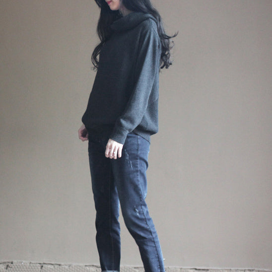 stylish black gray knit sweaters plussize knit sweat tops Fine vintage blouse hooded