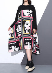 stylish black silk cotton blended dress casual O neck asymmetrical design gown casual patchwork baggy dresses