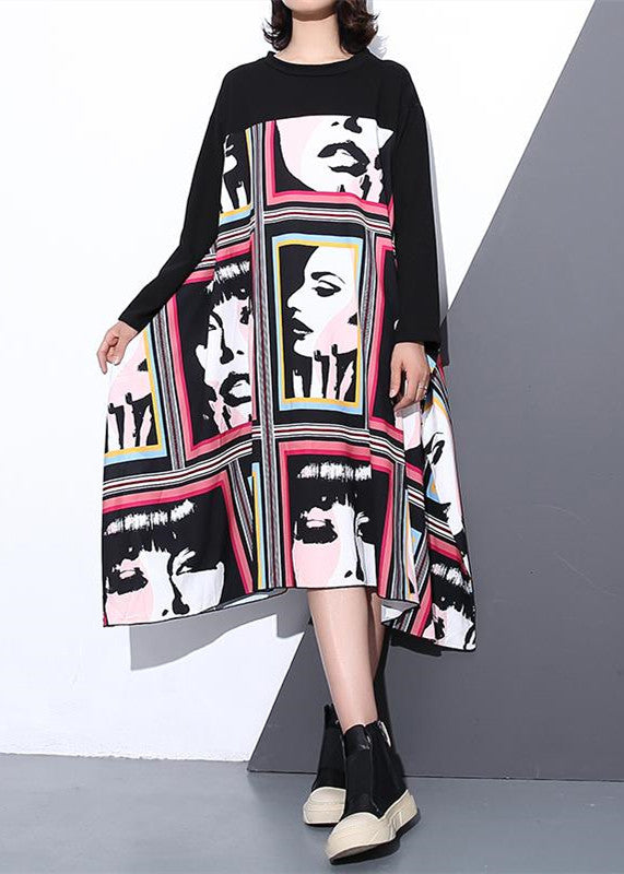 stylish black silk cotton blended dress casual O neck asymmetrical design gown casual patchwork baggy dresses
