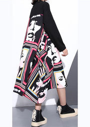 stylish black silk cotton blended dress casual O neck asymmetrical design gown casual patchwork baggy dresses