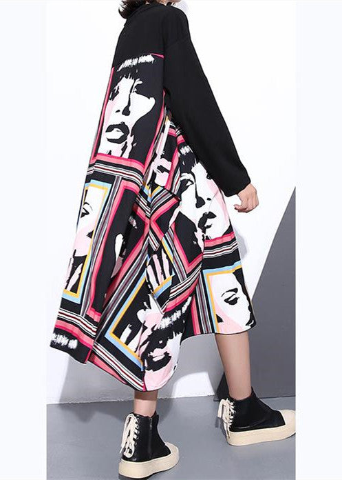 stylish black silk cotton blended dress casual O neck asymmetrical design gown casual patchwork baggy dresses