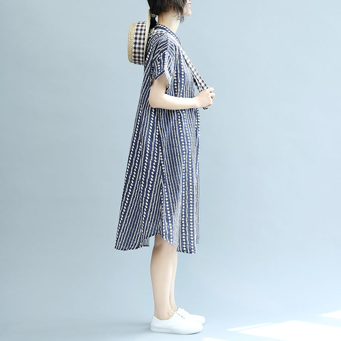 stylish blue floral Midi-length cotton dress plus size clothing cotton maxi dress Fine short sleeve pockets Stand baggy dresses