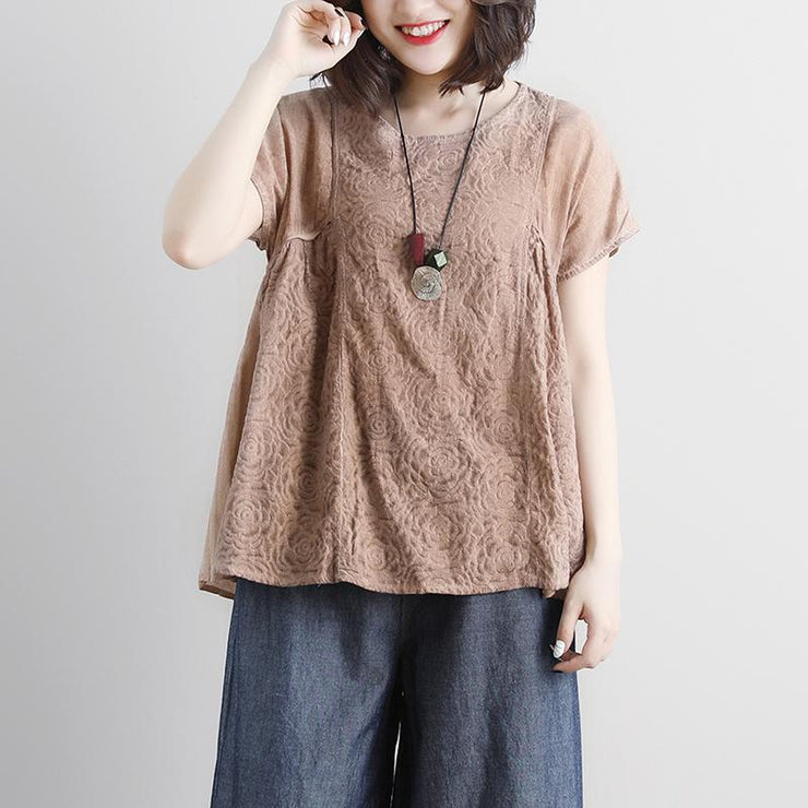 stylish cotton shirts plus size clothing Casual Summer Short Sleeve Beige Boat Neck Blouse