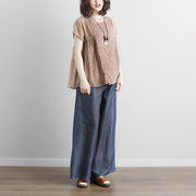 stylish cotton shirts plus size clothing Casual Summer Short Sleeve Beige Boat Neck Blouse