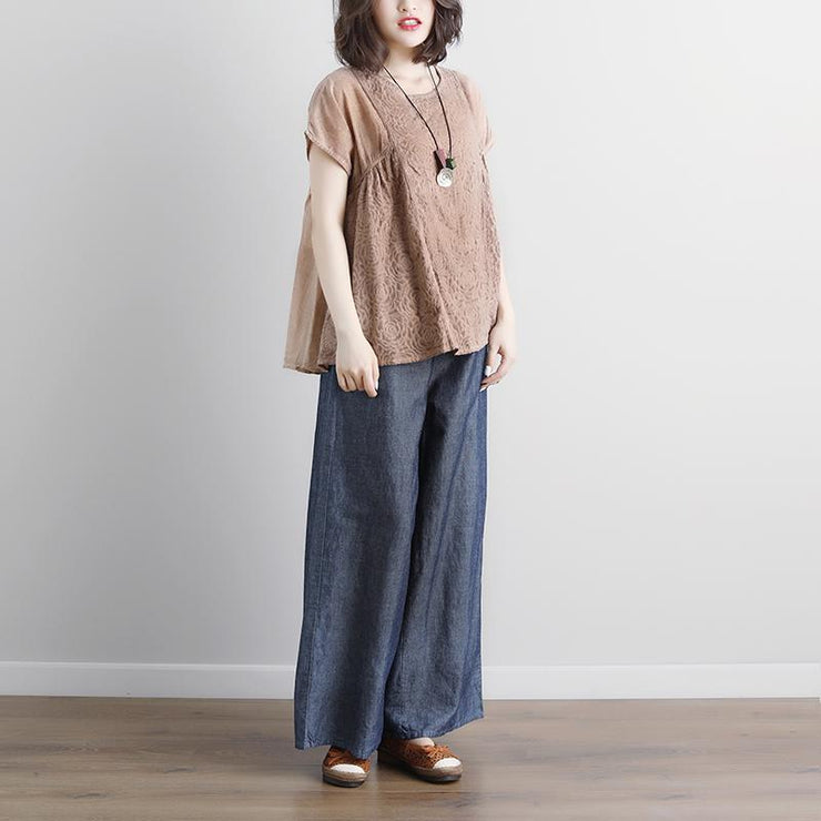 stylish cotton shirts plus size clothing Casual Summer Short Sleeve Beige Boat Neck Blouse