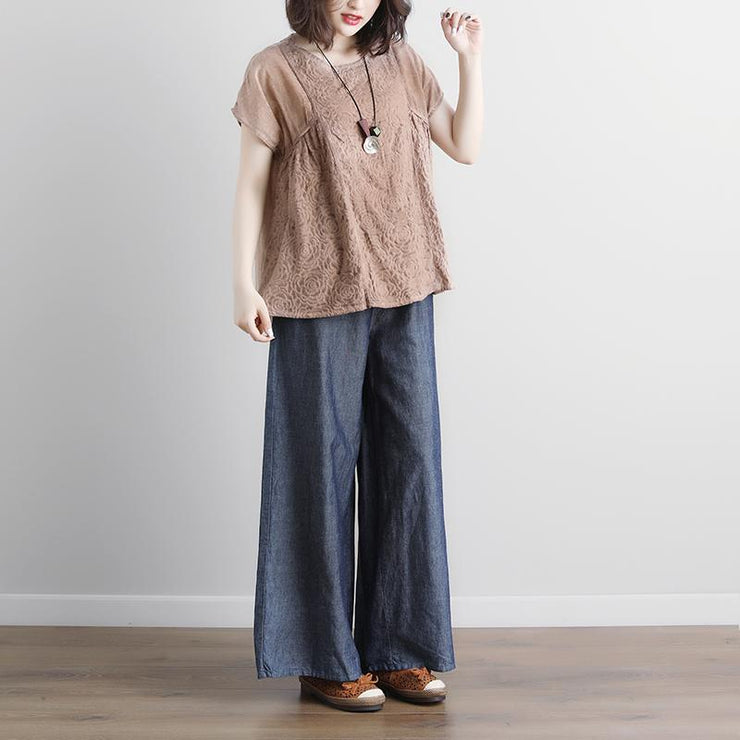 stylish cotton shirts plus size clothing Casual Summer Short Sleeve Beige Boat Neck Blouse