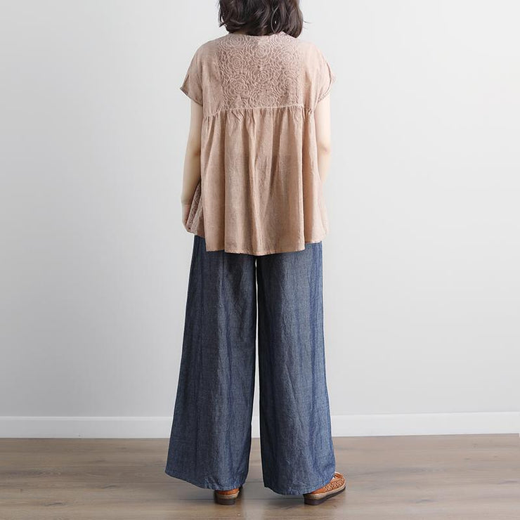 stylish cotton shirts plus size clothing Casual Summer Short Sleeve Beige Boat Neck Blouse